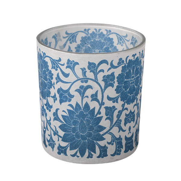Glass Candle Holder, Blumen/blau 7,3 x 8cm